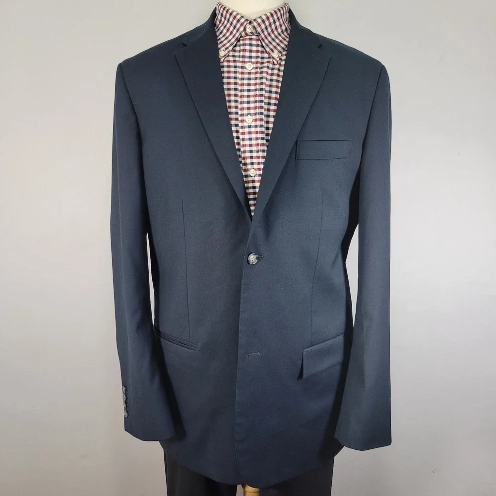 Perry Ellis Men's Sport Coat Blazer Two Button Navy Blue Poly Rayon City Fit 44L